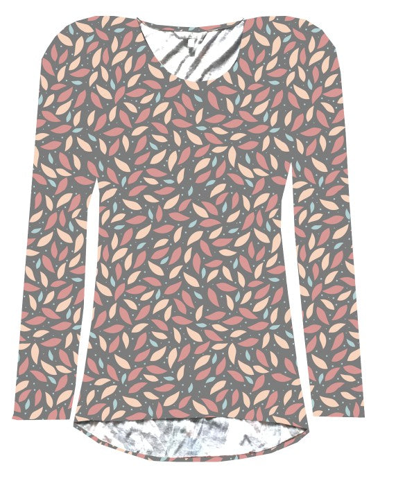EAJ868 AUTUMN LEAVES COTTON LONG SLEEVE PRINTED TEE